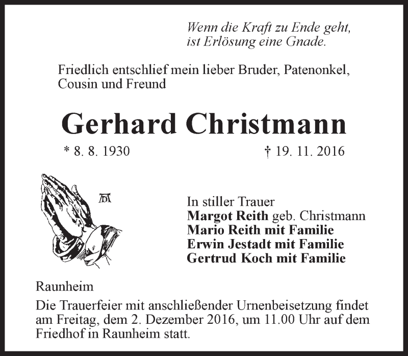  Traueranzeige für Gerhard Christmann vom 26.11.2016 aus Trauerportal Rhein Main Presse