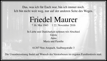 Traueranzeige von Friedel Maurer von  Usinger Anzeiger