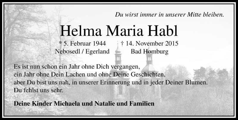  Traueranzeige für Helma Maria Habl vom 14.11.2016 aus  Usinger Anzeiger