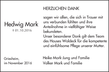 Traueranzeige von Hedwig Mark von Trauerportal Echo Online