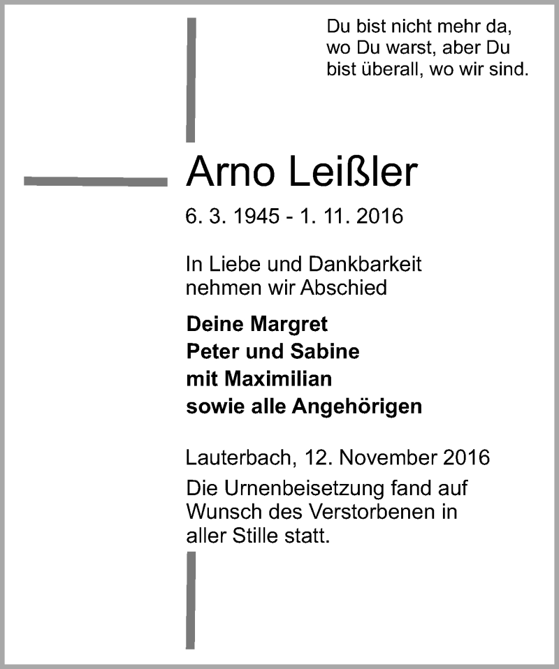  Traueranzeige für Arno Leißler vom 12.11.2016 aus VRM Trauer