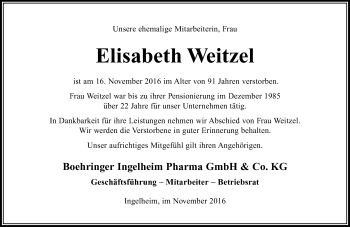 Traueranzeige von Elisabeth Weitzel von Trauerportal Rhein Main Presse