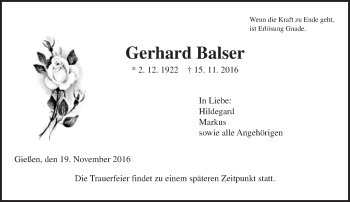Traueranzeige von Gerhard Balser von  Gießener Anzeiger