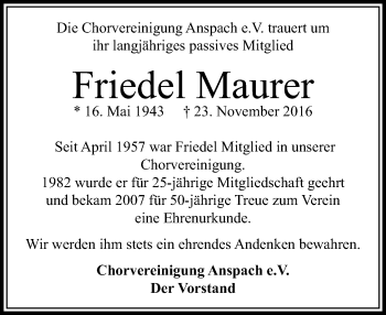 Traueranzeige von Friedel Maurer von  Usinger Anzeiger