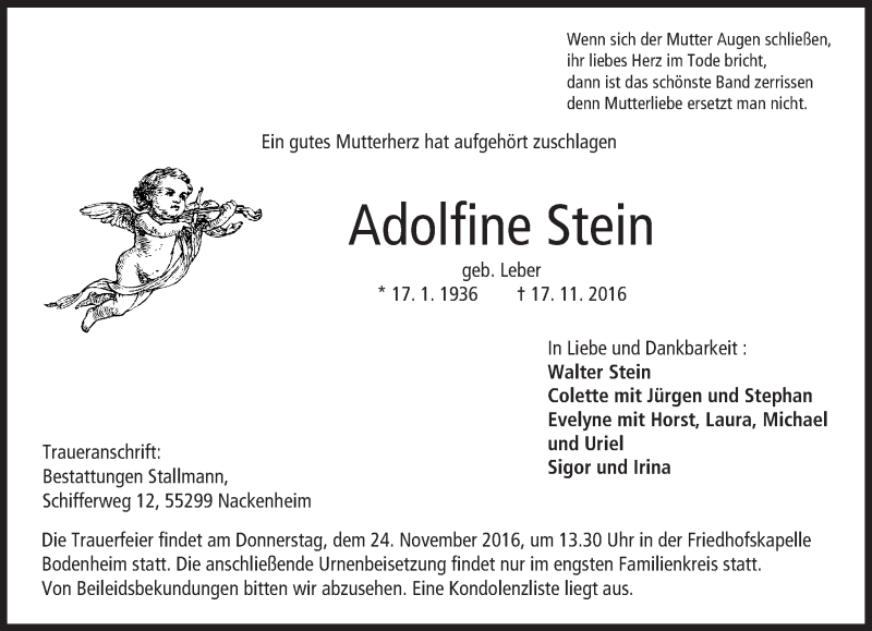  Traueranzeige für Adolfine Stein vom 22.11.2016 aus Trauerportal Rhein Main Presse