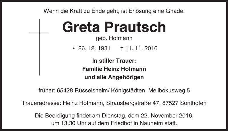  Traueranzeige für Greta Prautsch vom 19.11.2016 aus Trauerportal Echo Online