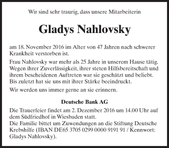 Traueranzeige von Gladys Nahlovsky von Trauerportal Rhein Main Presse