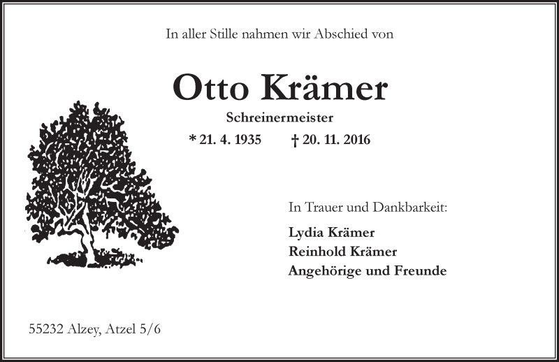  Traueranzeige für Otto Krämer vom 30.11.2016 aus Trauerportal Rhein Main Presse