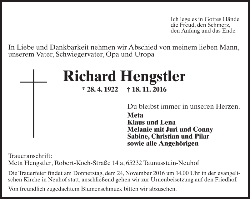  Traueranzeige für Richard Hengstler vom 22.11.2016 aus Trauerportal Rhein Main Presse