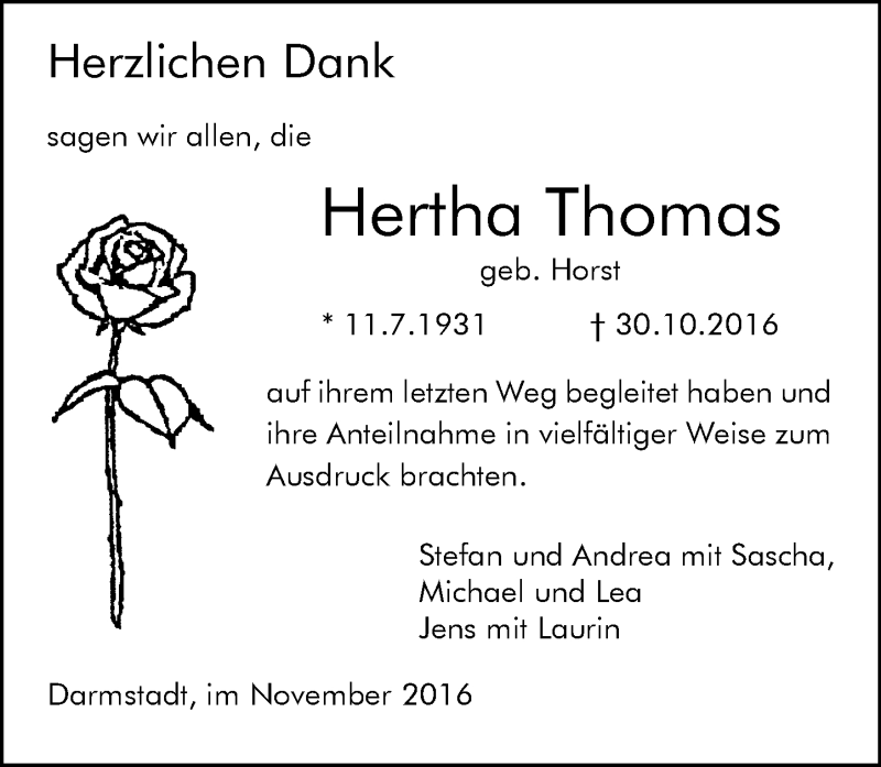  Traueranzeige für Hertha Thomas vom 26.11.2016 aus Trauerportal Echo Online