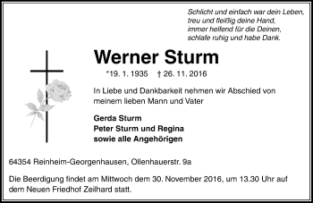 Traueranzeige von Werner Sturm von Trauerportal Echo Online
