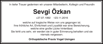 Traueranzeige von Sevgi Ozkan von  Usinger Anzeiger