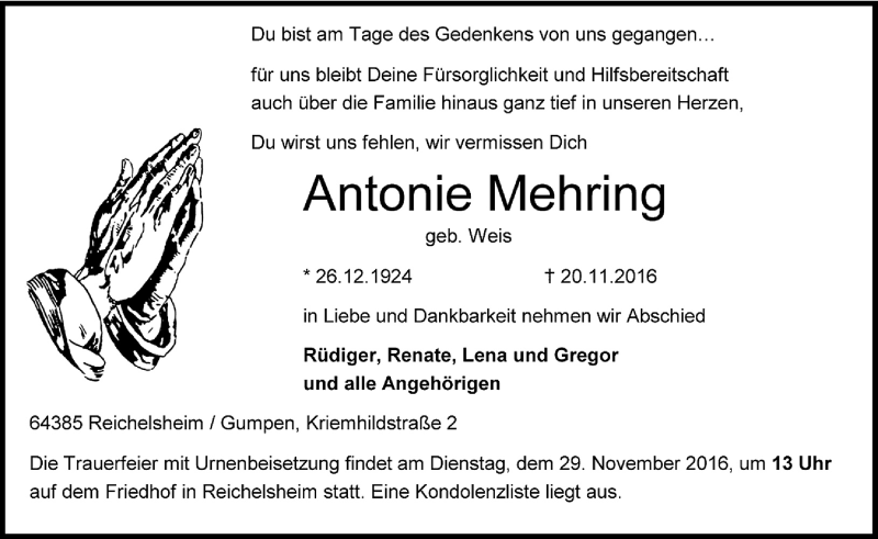  Traueranzeige für Antonie Mehring vom 26.11.2016 aus Trauerportal Echo Online