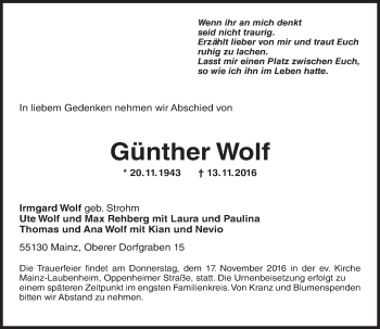 Traueranzeige von Günther Wolf von Trauerportal Rhein Main Presse