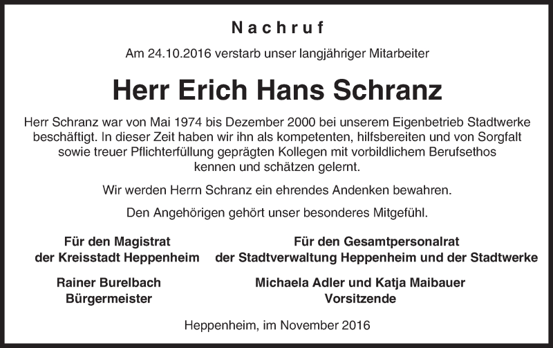  Traueranzeige für Erich Hans Schranz vom 05.11.2016 aus Trauerportal Echo Online