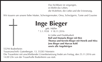 Traueranzeige von Inge Bieger von Trauerportal Rhein Main Presse