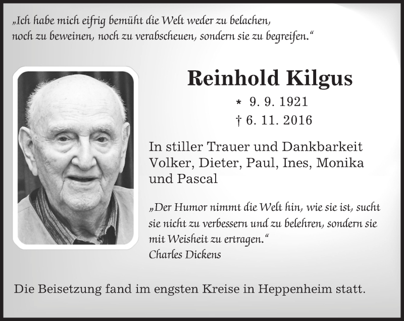  Traueranzeige für Reinhold Kilgus vom 30.11.2016 aus Trauerportal Echo Online