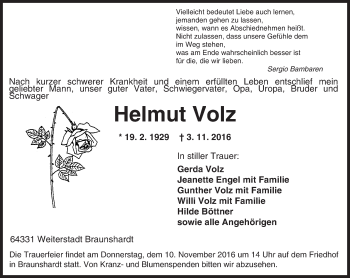 Traueranzeige von Helmut Volz von Trauerportal Echo Online