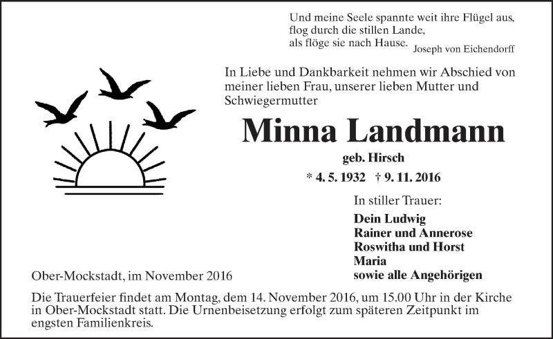  Traueranzeige für Minna Landmann vom 12.11.2016 aus  Kreisanzeiger