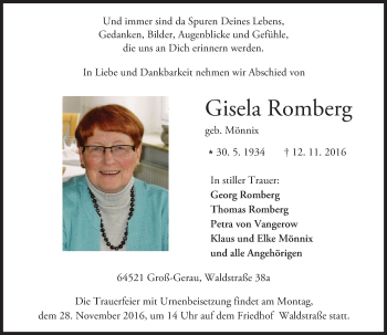 Traueranzeige von Gisela Romberg von Trauerportal Echo Online