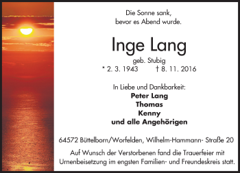 Traueranzeige von Inge Lang von Trauerportal Echo Online
