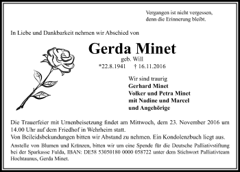 Traueranzeige von Gerda Minet von  Usinger Anzeiger