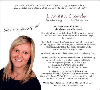Traueranzeige von Larissa Gördel von Trauerportal Echo Online
