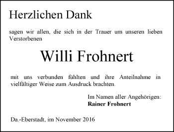 Traueranzeige von Willi Frohnert von Trauerportal Echo Online