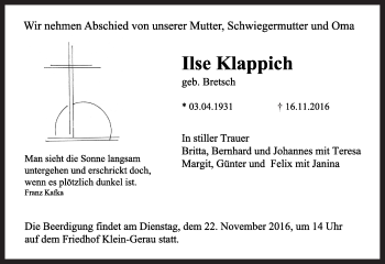 Traueranzeige von Ilse Klappich von Trauerportal Echo Online