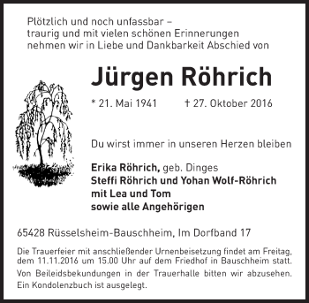 Traueranzeige von Jürgen Röhrich von Trauerportal Rhein Main Presse