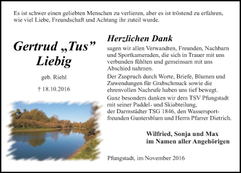 Traueranzeige von Gertrud Liebig von Trauerportal Echo Online