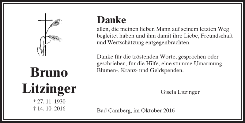  Traueranzeige für Bruno Litzinger vom 03.11.2016 aus  Camberger Anzeiger