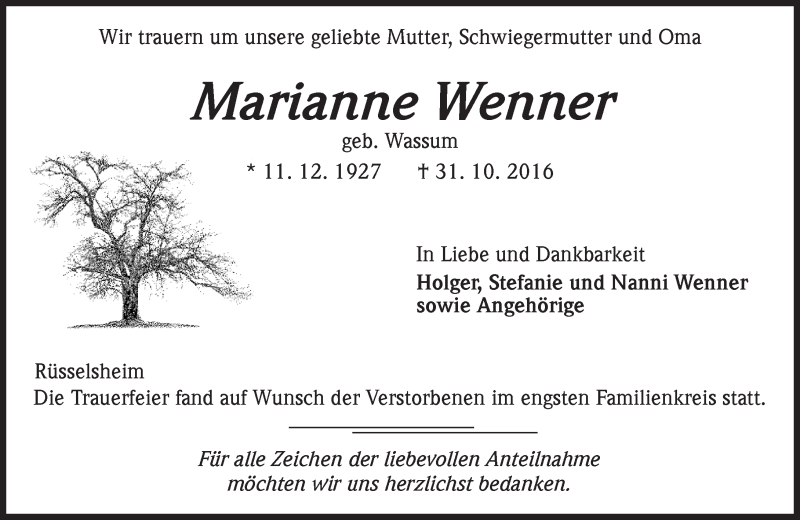  Traueranzeige für Marianne Wenner vom 19.11.2016 aus Trauerportal Rhein Main Presse