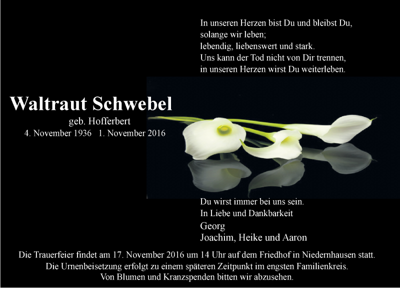  Traueranzeige für Waltraut Schwebel vom 15.11.2016 aus Trauerportal Echo Online