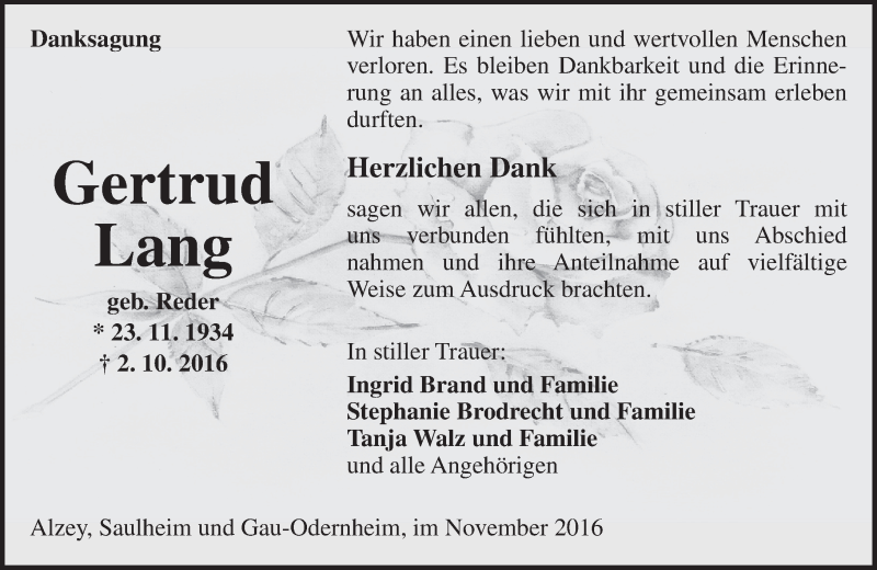  Traueranzeige für Gertrud Lang vom 12.11.2016 aus Trauerportal Rhein Main Presse
