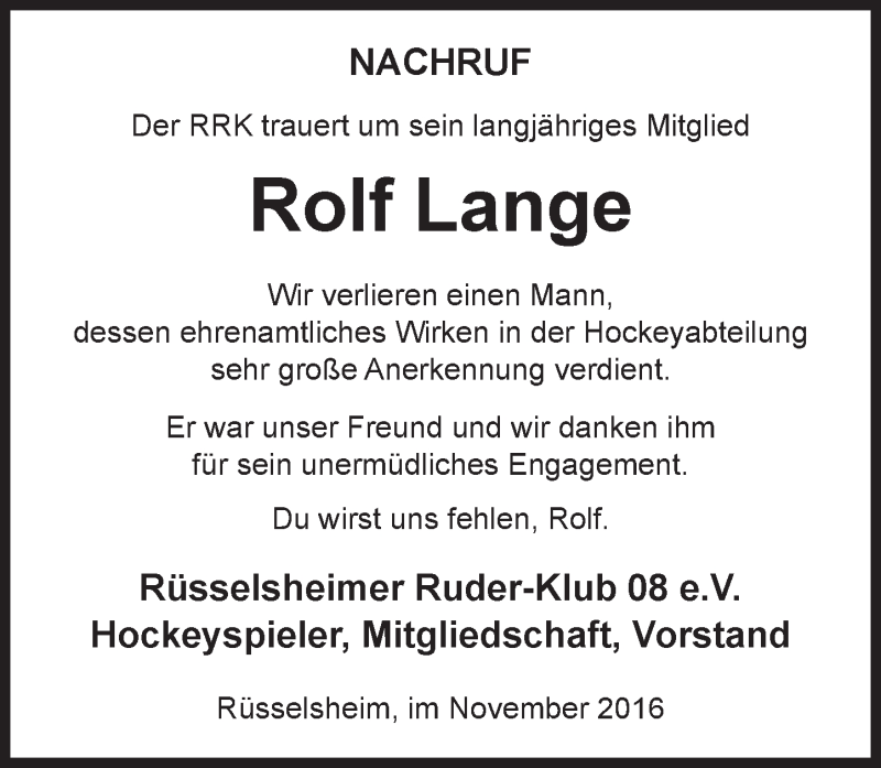  Traueranzeige für Rolf Lange vom 30.11.2016 aus Trauerportal Rhein Main Presse