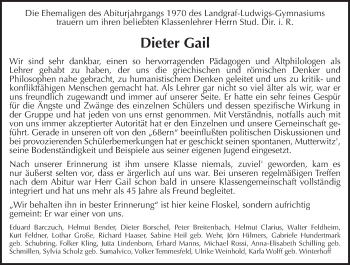 Traueranzeige von Dieter Gail von  Gießener Anzeiger