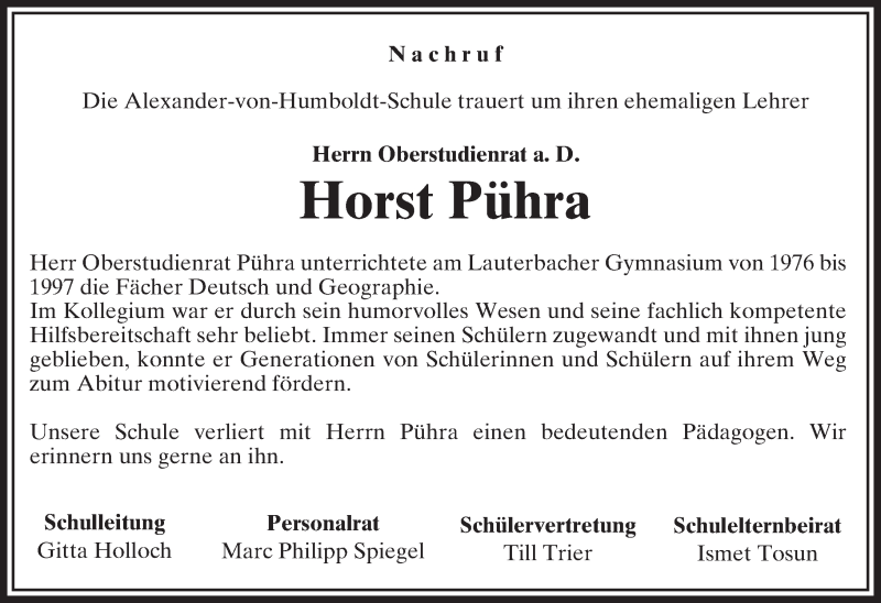  Traueranzeige für Horst Pühra vom 16.11.2016 aus VRM Trauer