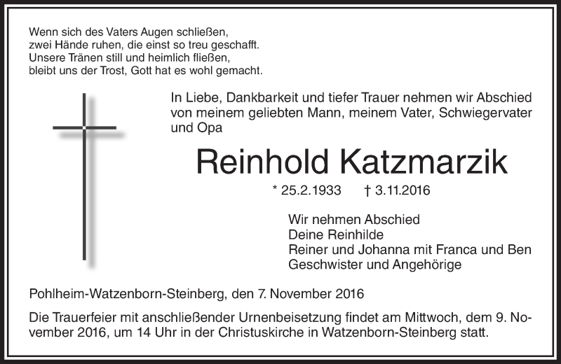  Traueranzeige für Reinhold Katzmarzik vom 07.11.2016 aus  Gießener Anzeiger