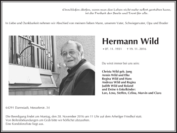 Traueranzeige von Hermann Wild von Trauerportal Echo Online