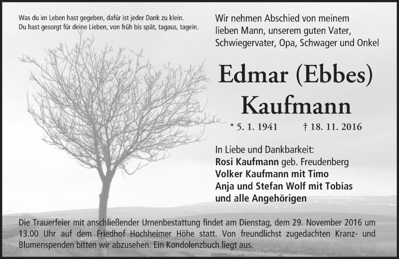  Traueranzeige für Edmar Kaufmann vom 26.11.2016 aus Trauerportal Rhein Main Presse