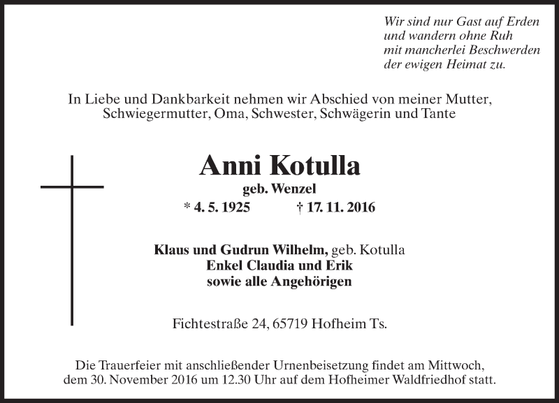  Traueranzeige für Anni Kotulla vom 25.11.2016 aus Trauerportal Rhein Main Presse