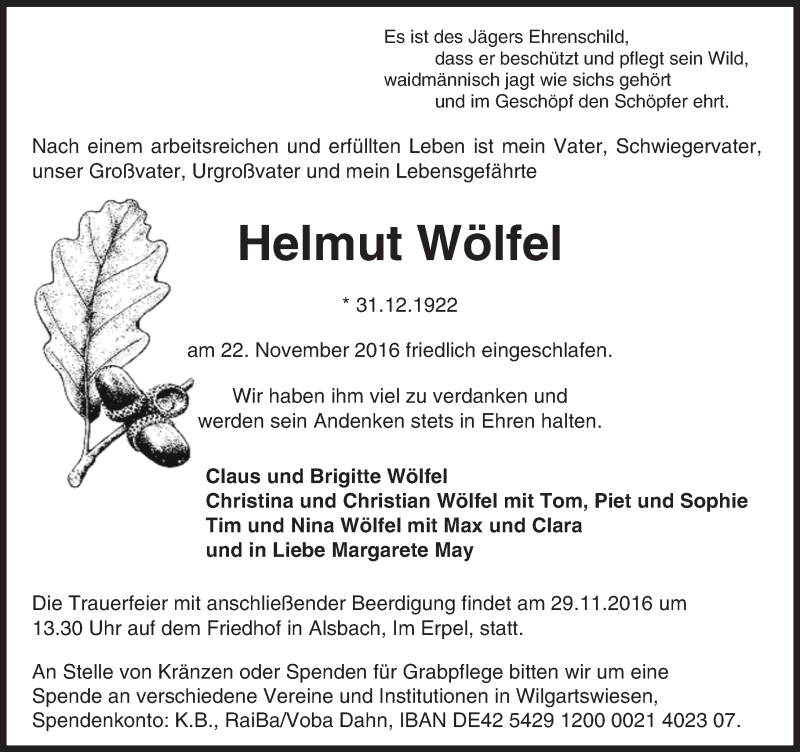  Traueranzeige für Helmut Wölfel vom 24.11.2016 aus Trauerportal Echo Online