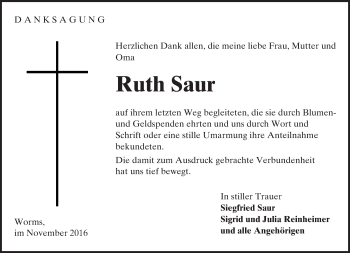 Traueranzeige von Ruth Saur von Trauerportal Rhein Main Presse
