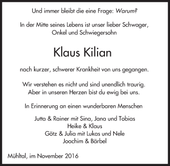 Traueranzeige von Klaus Kilian von Trauerportal Echo Online