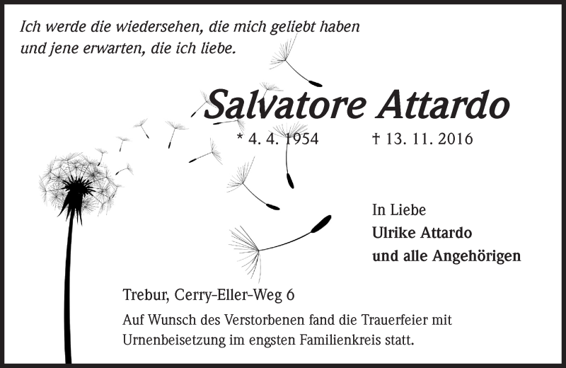  Traueranzeige für Salvatore Attardo vom 23.11.2016 aus Trauerportal Echo Online