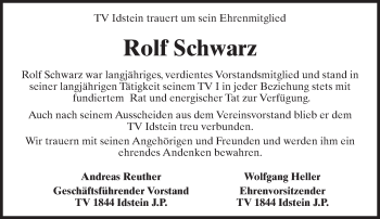 Traueranzeige von Rolf Schwarz von Trauerportal Rhein Main Presse