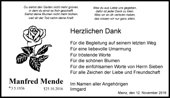 Traueranzeige von Manfred Mende von Trauerportal Rhein Main Presse
