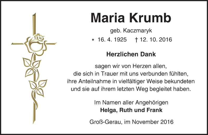  Traueranzeige für Maria Krumb vom 05.11.2016 aus Trauerportal Echo Online