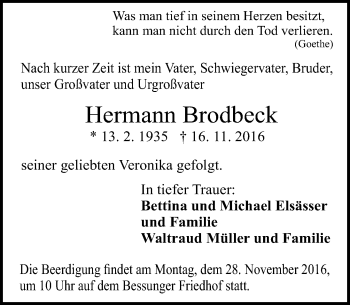 Traueranzeige von Hermann Brodbeck von Trauerportal Echo Online